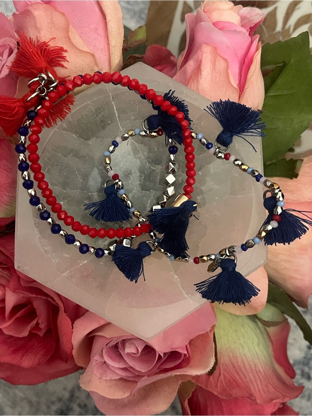 Origami Owl Red and Navy Tassel Beaded Bracelet Set